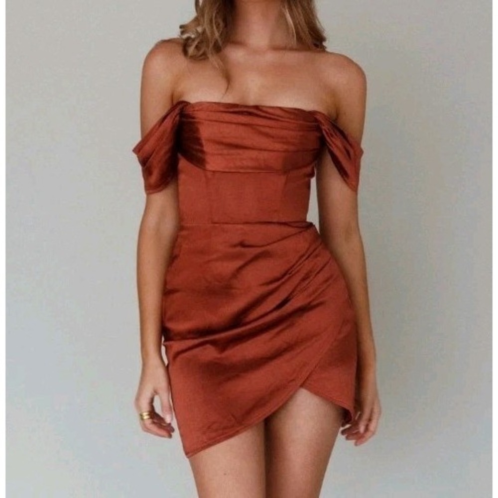 Off-Shoulder Satin Mini Dress Chocolate Orange Womens Size Small Glam Event